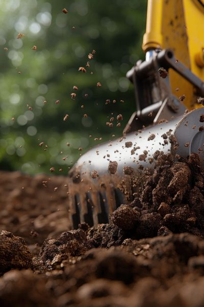 A yellow excavator bucket lifts soil, sending clumps of dirt flying in a vibrant green setting, showcasing construction or landscaping activity in progress.